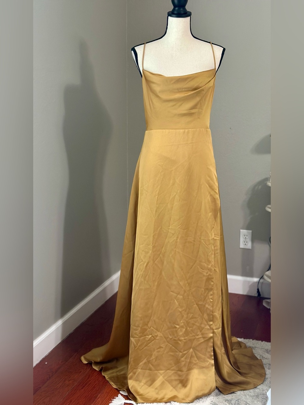 Fame and Partners Rosabel Dress Mustard Gold Satin Cowl Neck Capsule Prom Maxi - Picture 2 of 11